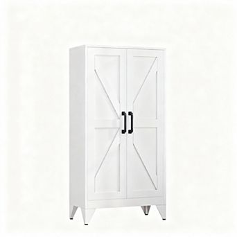 47" White Metal Cabinet with 3 Adjustable Shelves for Home Office