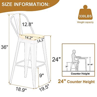 24" Counter Height Metal Bar Stools, High-Back, Stackable, 330 lbs Capacity