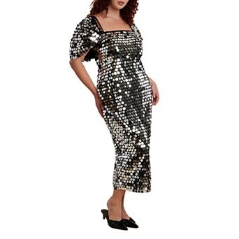 ELOQUII Women's Plus Size Off The Shoulder Sleeve Paillette Dress