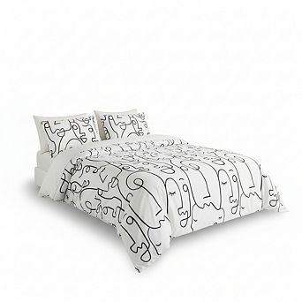 Queen Black White Abstract Face Duvet Cover, 3 pc 100% Cotton Geometric Line Art