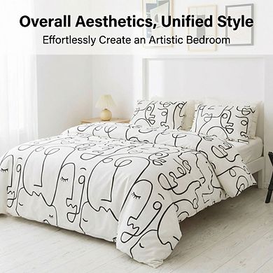 Queen Black White Abstract Face Duvet Cover, 3pc 100% Cotton Geometric Line Art