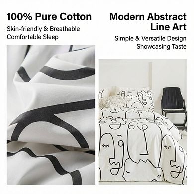 Queen Black White Abstract Face Duvet Cover, 3pc 100% Cotton Geometric Line Art