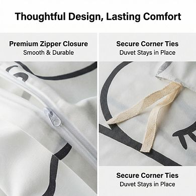 Queen Black White Abstract Face Duvet Cover, 3pc 100% Cotton Geometric Line Art