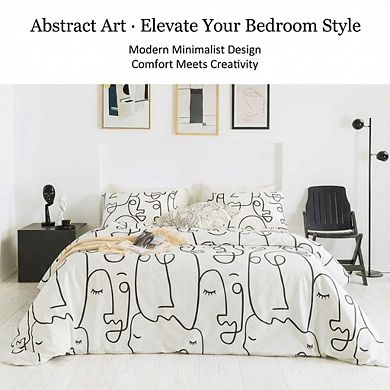Queen Black White Abstract Face Duvet Cover, 3pc 100% Cotton Geometric Line Art