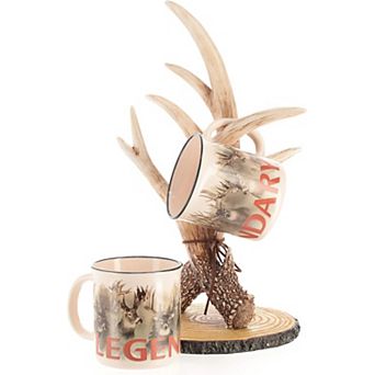 Legendary Whitetails Faux Deer Antler Rack Coffee Cup Stand With Two Ceramic Coffee Mug Set