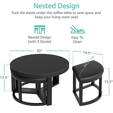 30" Round Coffee Table with PU Padded Stools - Space-saving, Easy Assembly, Sturdy