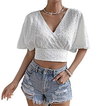 Women's Wrap Swiss Dot Flared Sleeves Scalloped Back Tie Elegant Cropped Top
