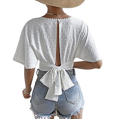 Women's Wrap Swiss Dot Flared Sleeves Scalloped Back Tie Elegant Cropped Top