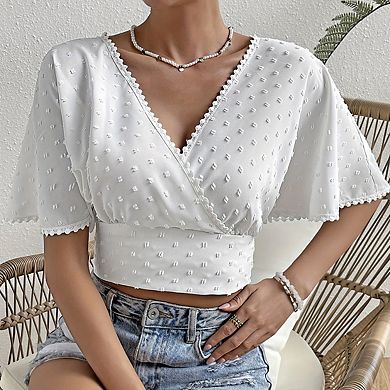 Women's Wrap Swiss Dot Flared Sleeves Scalloped Back Tie Elegant Cropped Top