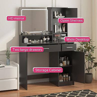 3-Color LED Light Vanity Desk with Storage for Makeup and Skincare