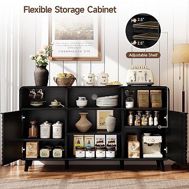 58" Curved Sideboard with Wave Doors, Adjustable Shelves, & Multiple Storage