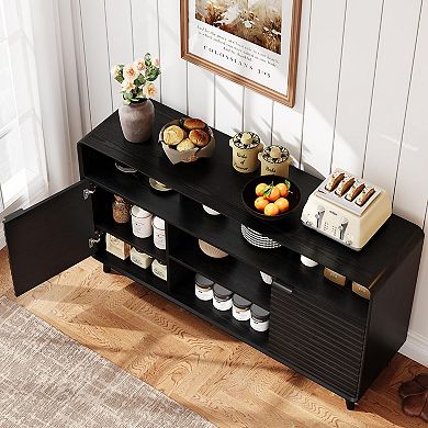 58" Curved Sideboard with Wave Doors, Adjustable Shelves, & Multiple Storage