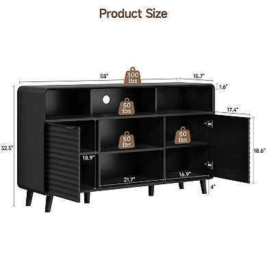 58" Curved Sideboard with Wave Doors, Adjustable Shelves, & Multiple Storage