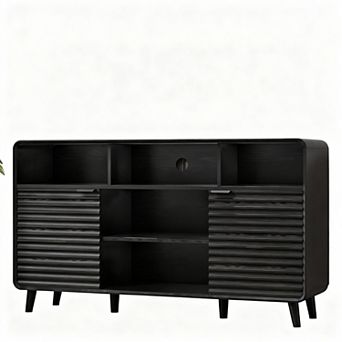 58" Curved Sideboard with Wave Doors, Adjustable Shelves, & Multiple Storage