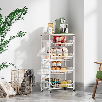 5-Layer Kitchen Storage Rack, Metal & Wood, Stackable, Pull-Out Baskets, Multipurpose