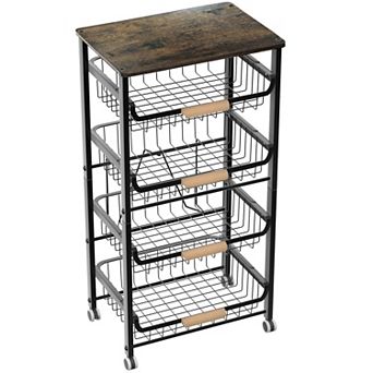5-Layer Kitchen Storage Rack, Metal & Wood, Stackable, Pull-Out Baskets, Multipurpose