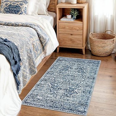 2x3 Entryway Rug Non-Slip Washable Blue Vintage Floral Door Mat