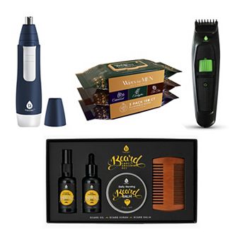 Men’s Grooming Kit: Beard Care Set, Body Trimmer, Nose Trimmer & Face Wipes