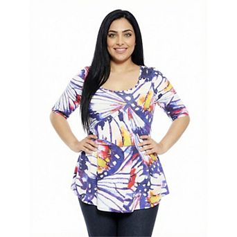Plus Size 24Seven Comfort Apparel Butterfly Elbow Sleeve Tunic Top