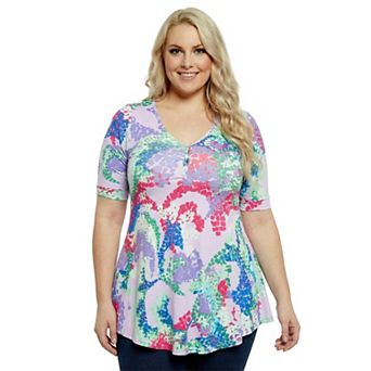 Plus Size 24Seven Comfort Apparel Abstract V-Neck Elbow Sleeve Henley Tunic Top