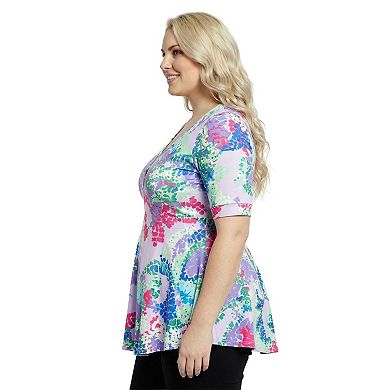 Plus Size 24Seven Comfort Apparel Abstract V-Neck Elbow Sleeve Henley Tunic Top