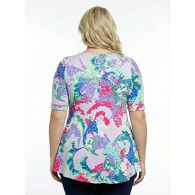Plus Size 24Seven Comfort Apparel Abstract V-Neck Elbow Sleeve Henley Tunic Top