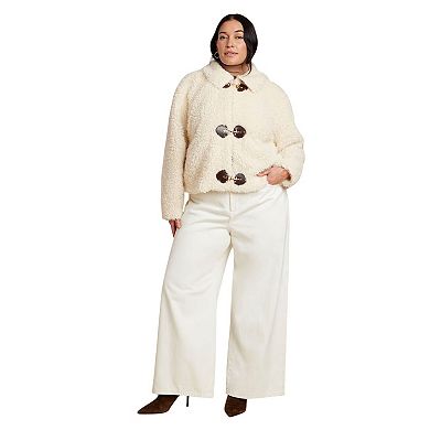 ELOQUII Women's Plus Size Teddy Fur Coat With Buckles