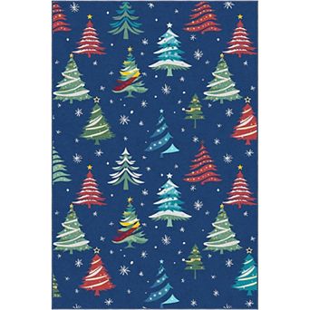 Christmas Tree Washable Area Rug - Non Slip Low Pile Carpet for Holiday Living Room