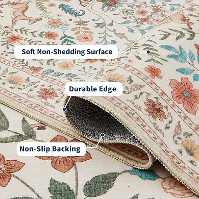 Floral Peacock Print Washable Runner Rug, Non-Slip Non-Shedding Low Pile Hallway Entryway Bedside