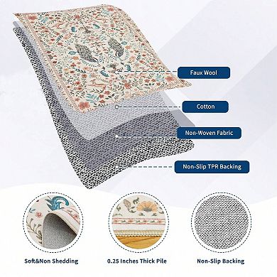 Floral Peacock Print Washable Runner Rug, Non-Slip Non-Shedding Low Pile Hallway Entryway Bedside