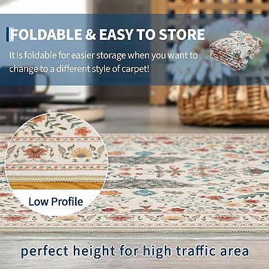 Floral Peacock Print Washable Runner Rug, Non-Slip Non-Shedding Low Pile Hallway Entryway Bedside