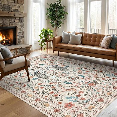 Floral Peacock Print Washable Runner Rug, Non-Slip Non-Shedding Low Pile Hallway Entryway Bedside