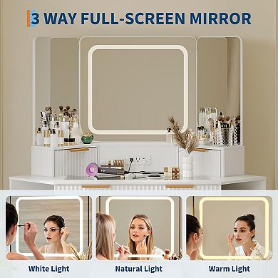 ANIXOL Modern Corner Vanity Desk with Glass Top and LED Mirror
