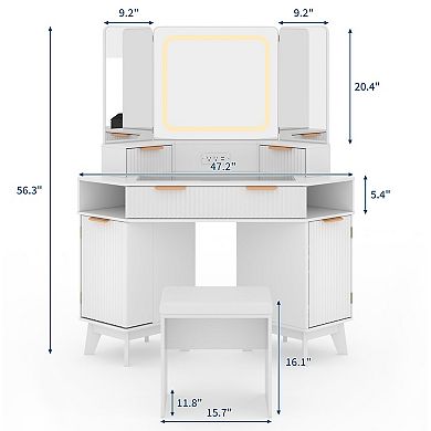 ANIXOL Modern Corner Vanity Desk with Glass Top and LED Mirror