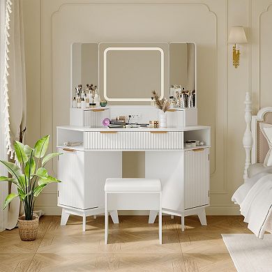 ANIXOL Modern Corner Vanity Desk with Glass Top and LED Mirror