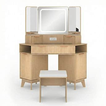 ANIXOL Modern Corner Vanity Desk with Glass Top and LED Mirror