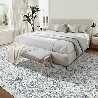 Soft Washable Area Rug Vintage Farmhouse Rug with Floral Pattern & Non-Slip TPR Backing