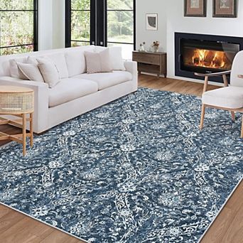 Soft Washable Area Rug Vintage Farmhouse Rug with Floral Pattern & Non-Slip TPR Backing