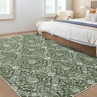 Soft Washable Area Rug Vintage Farmhouse Rug with Floral Pattern & Non-Slip TPR Backing
