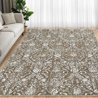 Soft Washable Area Rug Vintage Farmhouse Rug with Floral Pattern & Non-Slip TPR Backing
