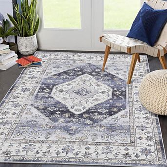 Washable Vintage Oriental Floral Rug - Non-Slip Low Pile Carpet for Living Room Bedroom Dining Room