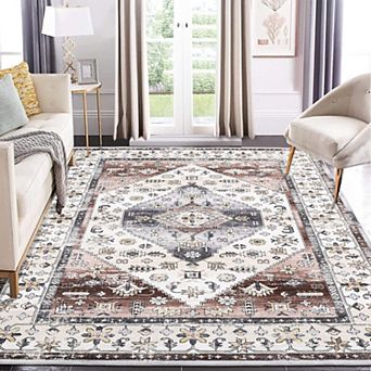 Washable Vintage Oriental Floral Rug - Non-Slip Low Pile Carpet for Living Room Bedroom Dining Room
