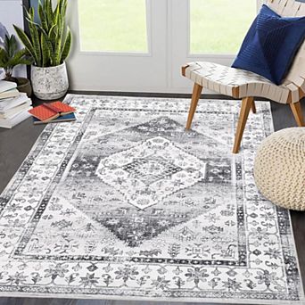 Washable Vintage Oriental Floral Rug - Non-Slip Low Pile Carpet for Living Room Bedroom Dining Room