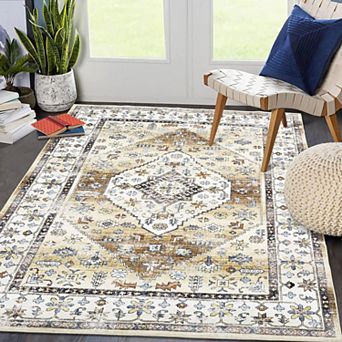 Washable Vintage Oriental Floral Rug - Non-Slip Low Pile Carpet for Living Room Bedroom Dining Room
