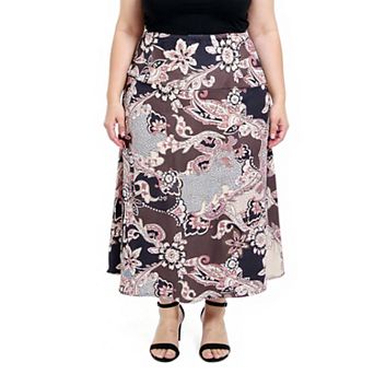 Plus Size 24Seven Comfort Apparel Paisley Elastic Waist Maxi Skirt