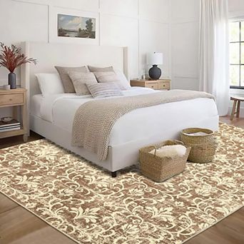 Washable Vintage Floral Area Rug - Soft Non Slip Foldable Carpet for Living Room Bedroom and Office