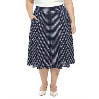 Plus Size 24Seven Comfort Apparel Essential Polka Dot Elastic Waist Pocket A-Line Skirt