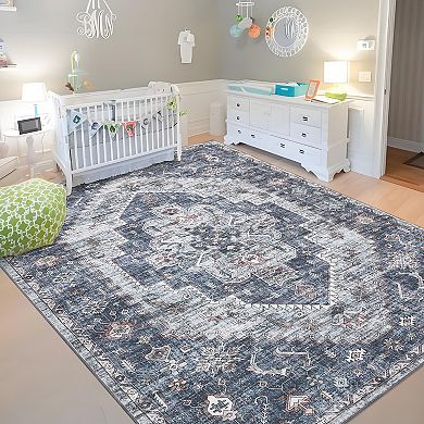 Washable Area Rug Vintage Oriental Medallion Floor Cover Living Room Foldable Thin Rug
