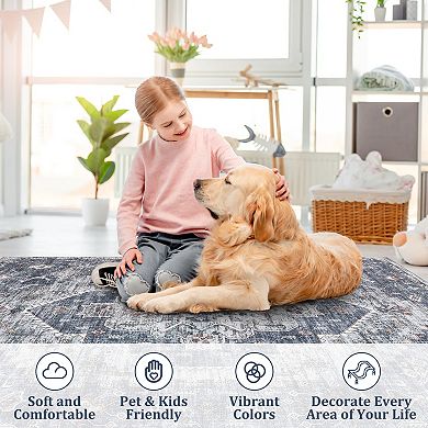 Washable Area Rug Vintage Oriental Medallion Floor Cover Living Room Foldable Thin Rug
