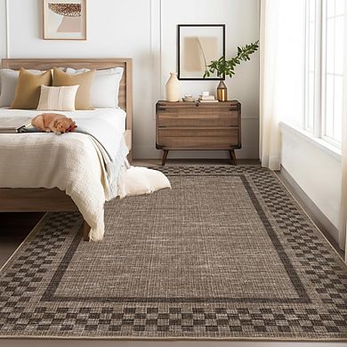 Woven Border Indoor Area Rug, Classic Checkerboard Design, Soft and Dense Pile